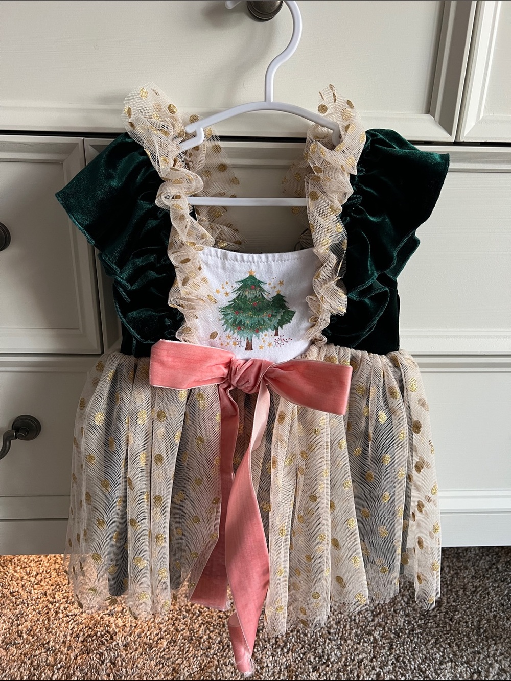 Girls Green Velvet Christmas Tree Tulle Dress with Pink Bow